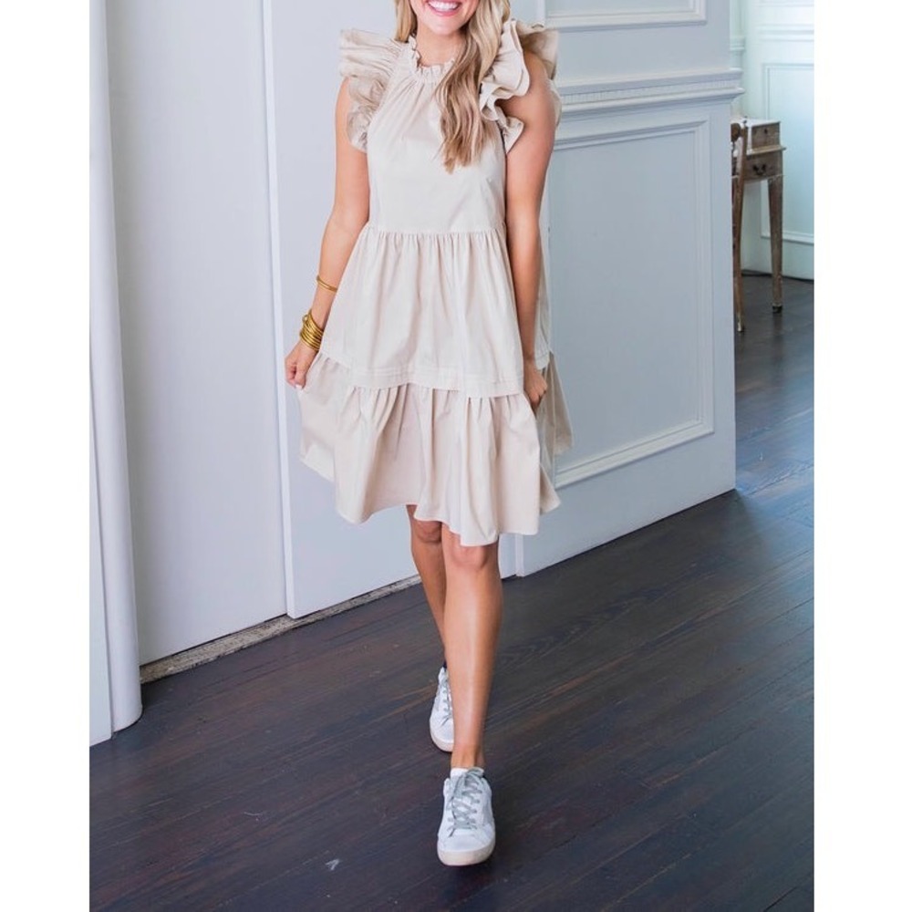 Karlie Khaki Poplin Ruffle Tiered Dress Size‎ L Flutter Sleeve Coastal Cowgirl